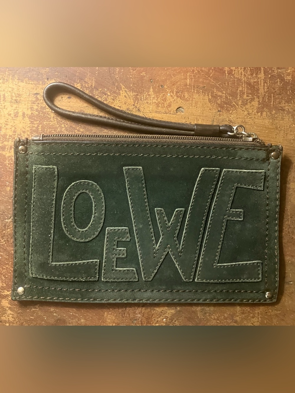 Authentic Loewe Dk Green Suede Wristlet bag